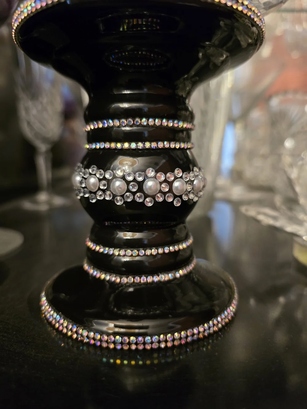 Black Jeweled Decorative Candle Holder New 4x3.5 In Candle Not Included Handmade